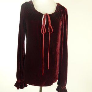 Pamela Barish tie burgundy red velvet poet top boho tie neck blouse 6